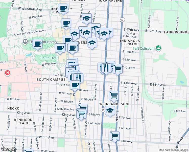 map of restaurants, bars, coffee shops, grocery stores, and more near 145 Chittenden Avenue in Columbus