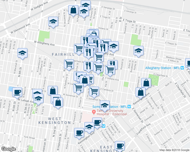 map of restaurants, bars, coffee shops, grocery stores, and more near 140 East Indiana Avenue in Philadelphia