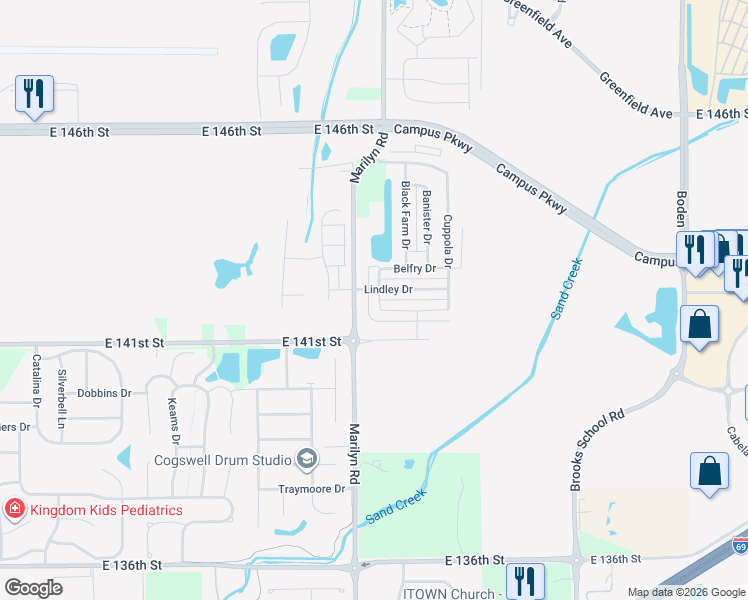map of restaurants, bars, coffee shops, grocery stores, and more near 14183 Clapboard Drive in Noblesville