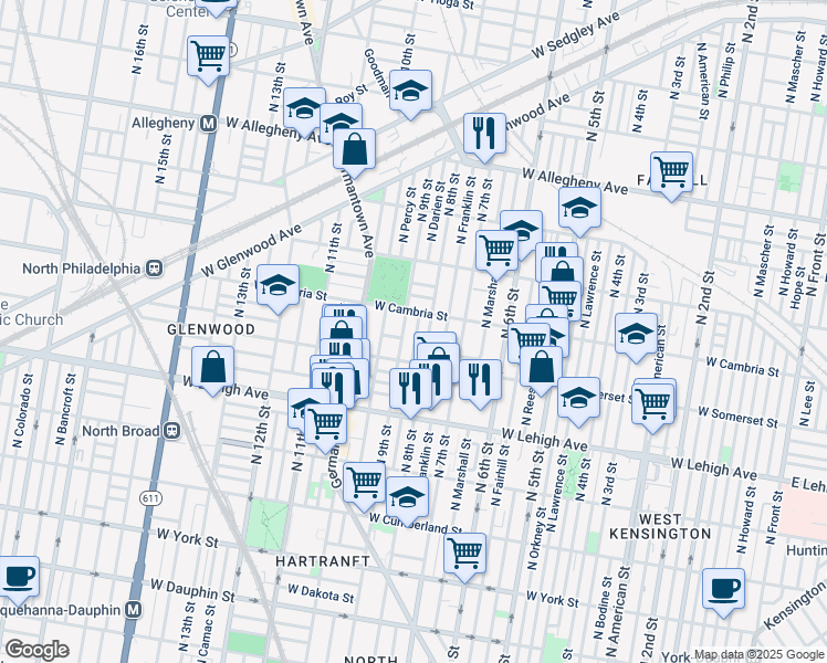 map of restaurants, bars, coffee shops, grocery stores, and more near 3016 North Lawrence Street in Philadelphia