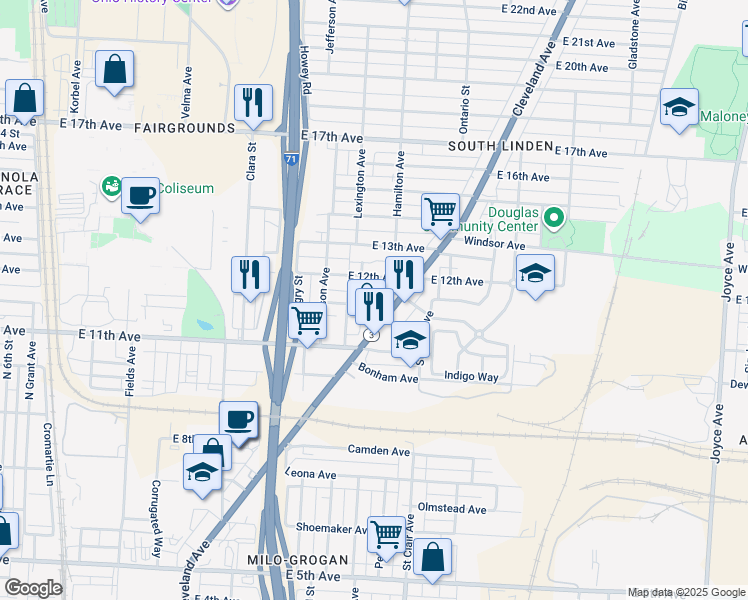 map of restaurants, bars, coffee shops, grocery stores, and more near 952 Chittenden Avenue in Columbus