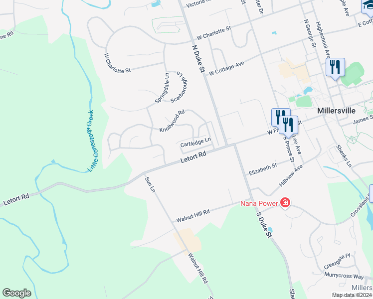 map of restaurants, bars, coffee shops, grocery stores, and more near 80 Cartledge Lane in Millersville