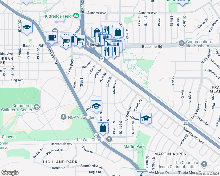 map of restaurants, bars, coffee shops, grocery stores, and more near 357 32nd Street in Boulder