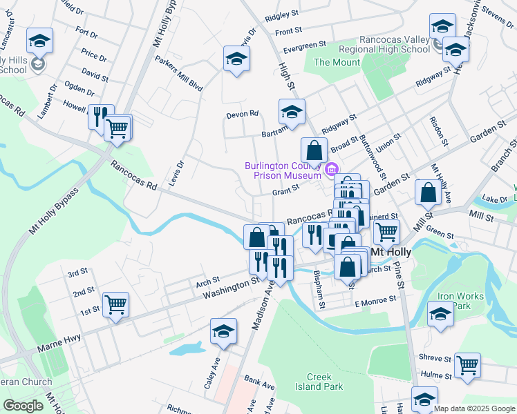 map of restaurants, bars, coffee shops, grocery stores, and more near 125 Brown Street in Mount Holly