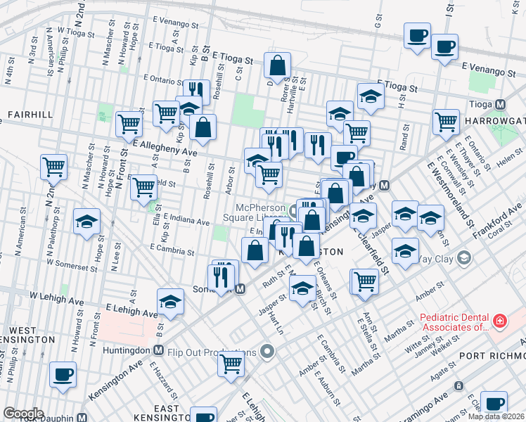 map of restaurants, bars, coffee shops, grocery stores, and more near 3100 D Street in Philadelphia