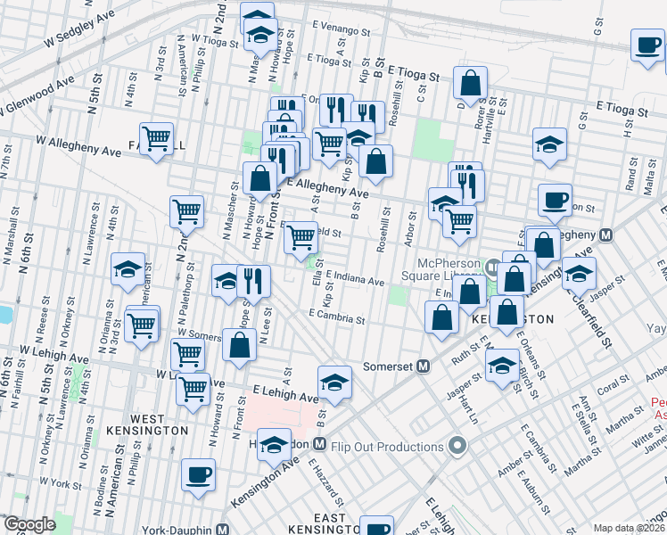 map of restaurants, bars, coffee shops, grocery stores, and more near 3034 B Street in Philadelphia