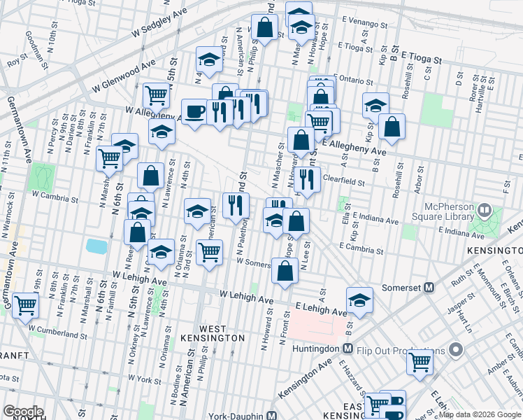 map of restaurants, bars, coffee shops, grocery stores, and more near 3000 North Mascher Street in Philadelphia