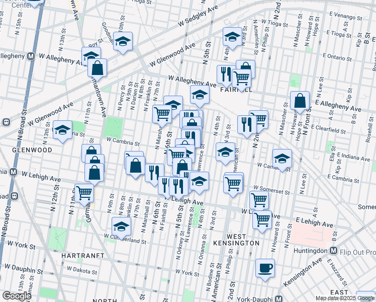 map of restaurants, bars, coffee shops, grocery stores, and more near 2932 North 5th Street in Philadelphia