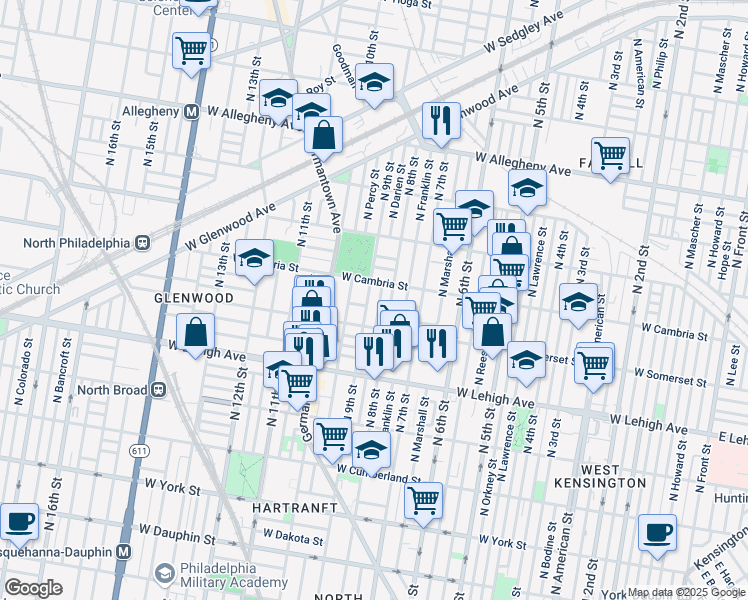 map of restaurants, bars, coffee shops, grocery stores, and more near in Philadelphia