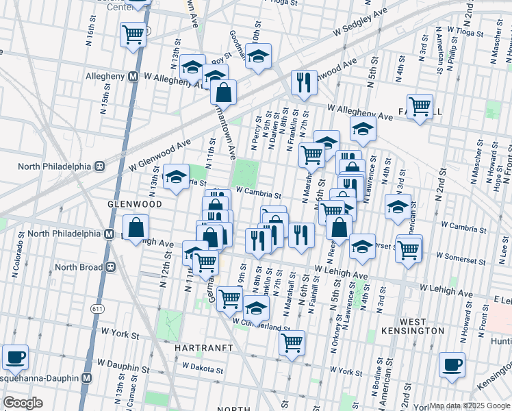 map of restaurants, bars, coffee shops, grocery stores, and more near in Philadelphia