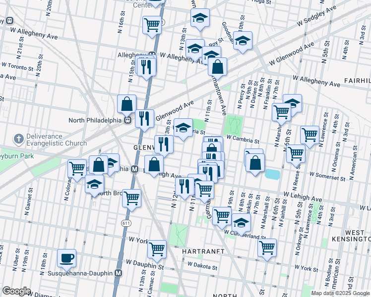 map of restaurants, bars, coffee shops, grocery stores, and more near 2835 North 12th Street in Philadelphia
