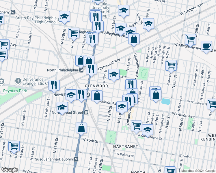 map of restaurants, bars, coffee shops, grocery stores, and more near 2821 North 13th Street in Philadelphia