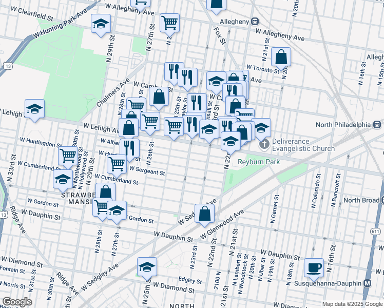map of restaurants, bars, coffee shops, grocery stores, and more near 2406 West Lehigh Avenue in Philadelphia
