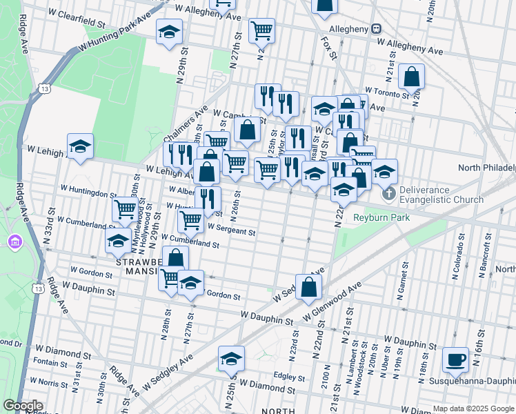 map of restaurants, bars, coffee shops, grocery stores, and more near in Philadelphia