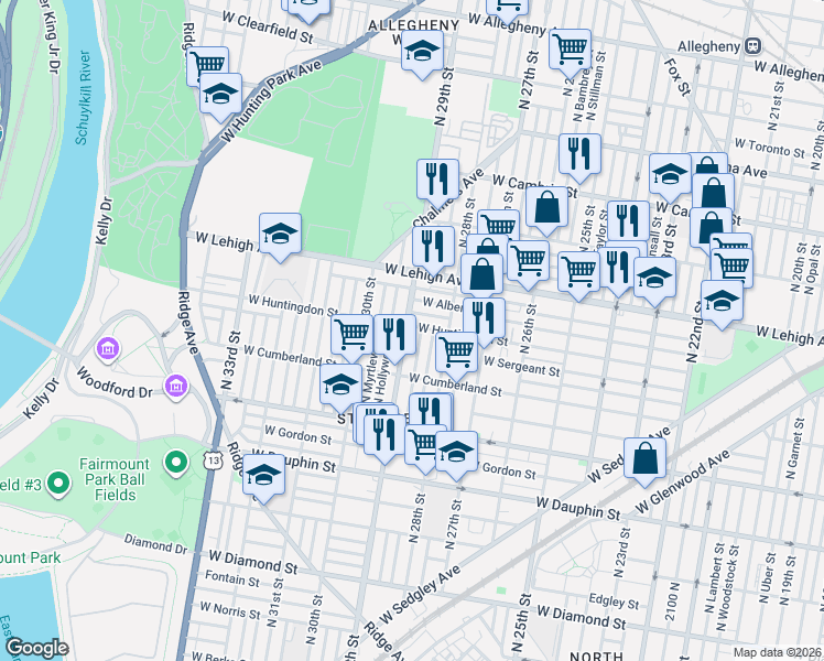 map of restaurants, bars, coffee shops, grocery stores, and more near 2621 North 29th Street in Philadelphia