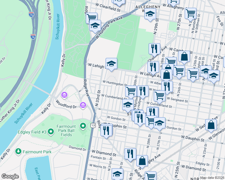 map of restaurants, bars, coffee shops, grocery stores, and more near 3125 West Huntingdon Street in Philadelphia
