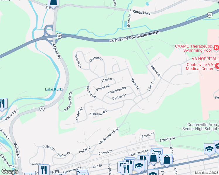 map of restaurants, bars, coffee shops, grocery stores, and more near 55 Phineas Lane in Coatesville