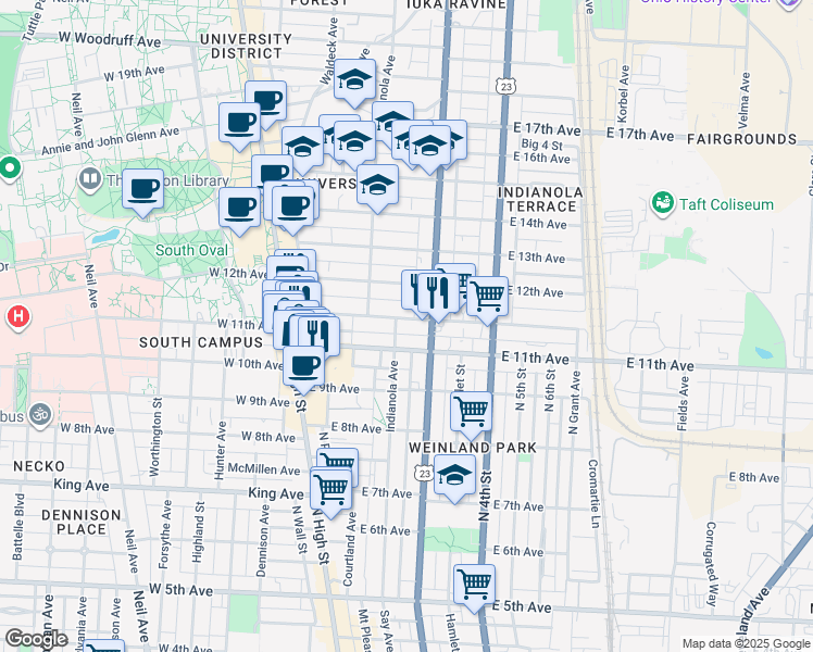 map of restaurants, bars, coffee shops, grocery stores, and more near 166 Chittenden Avenue in Columbus