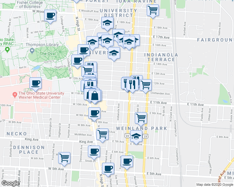 map of restaurants, bars, coffee shops, grocery stores, and more near 166 Chittenden Avenue in Columbus