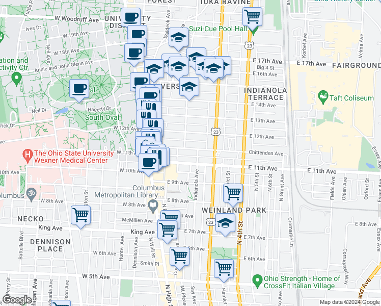 map of restaurants, bars, coffee shops, grocery stores, and more near in Columbus