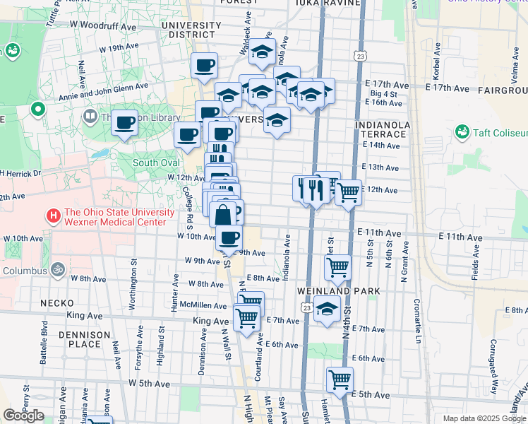 map of restaurants, bars, coffee shops, grocery stores, and more near in Columbus
