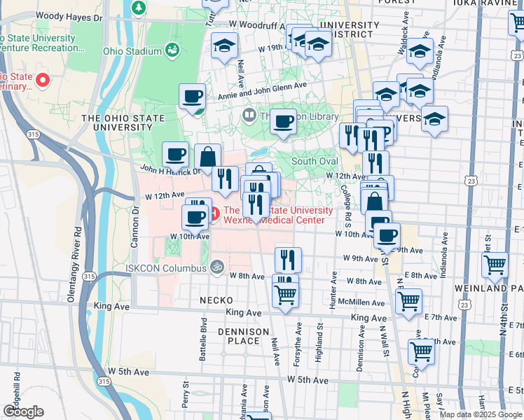 map of restaurants, bars, coffee shops, grocery stores, and more near in Columbus