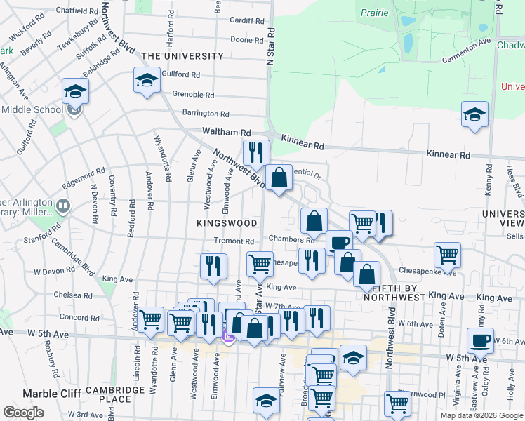 map of restaurants, bars, coffee shops, grocery stores, and more near 1885 North Star Road in Upper Arlington