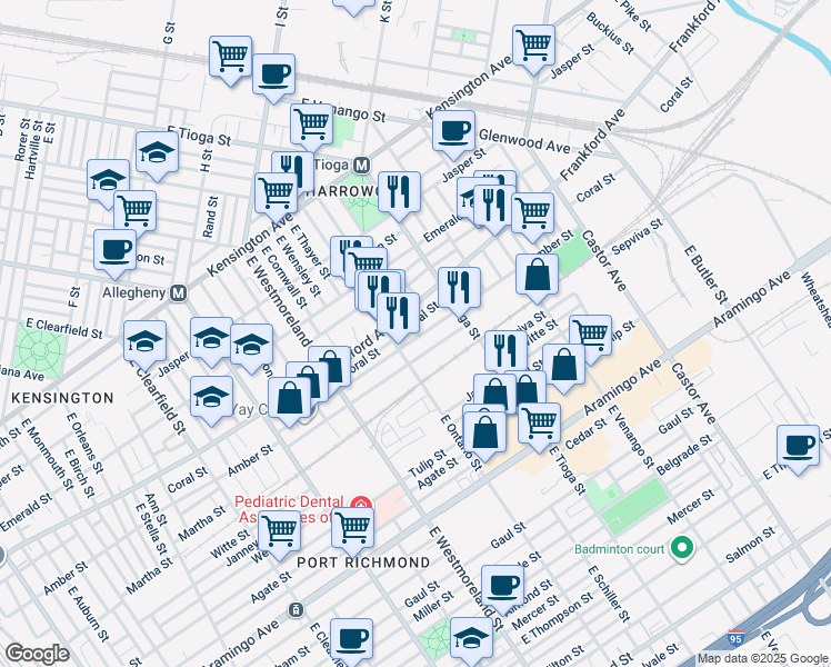 map of restaurants, bars, coffee shops, grocery stores, and more near 3430 Amber Street in Philadelphia