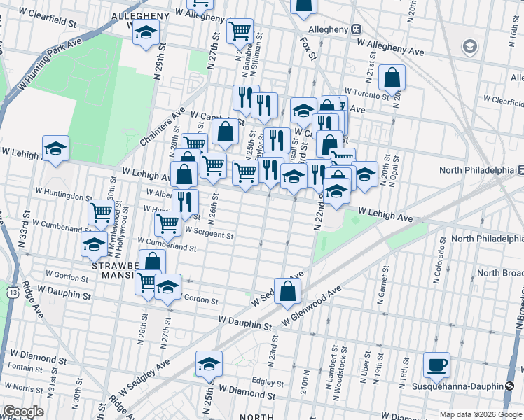 map of restaurants, bars, coffee shops, grocery stores, and more near in Philadelphia