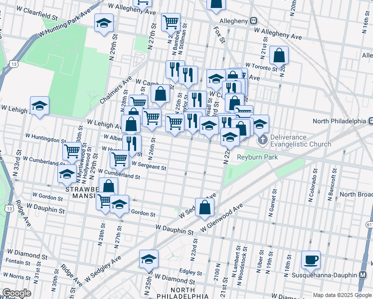 map of restaurants, bars, coffee shops, grocery stores, and more near 2406 West Oakdale Street in Philadelphia