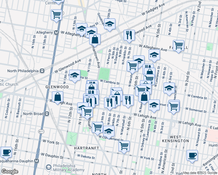 map of restaurants, bars, coffee shops, grocery stores, and more near in Philadelphia