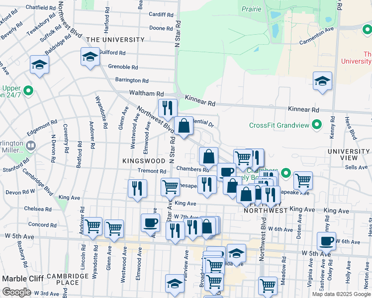 map of restaurants, bars, coffee shops, grocery stores, and more near 1855 Northwest Boulevard in Columbus