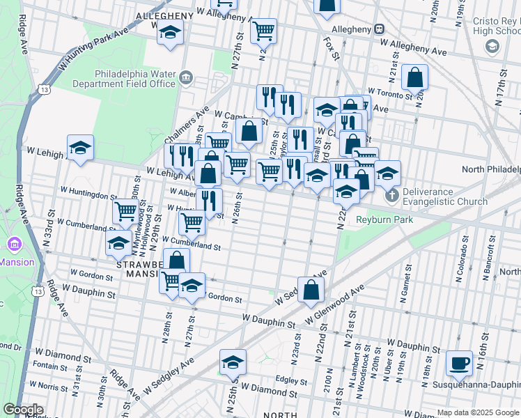 map of restaurants, bars, coffee shops, grocery stores, and more near 2503 West Harold Street in Philadelphia