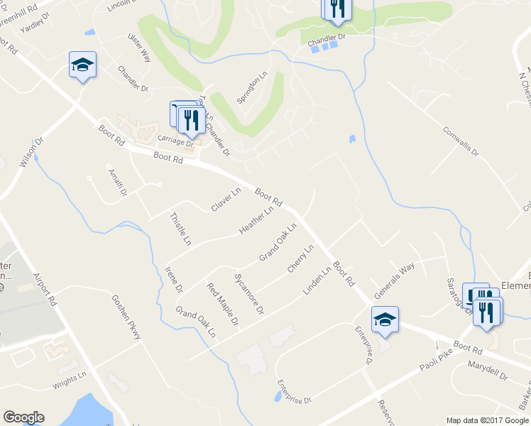 map of restaurants, bars, coffee shops, grocery stores, and more near 1445 Heather Lane in West Chester