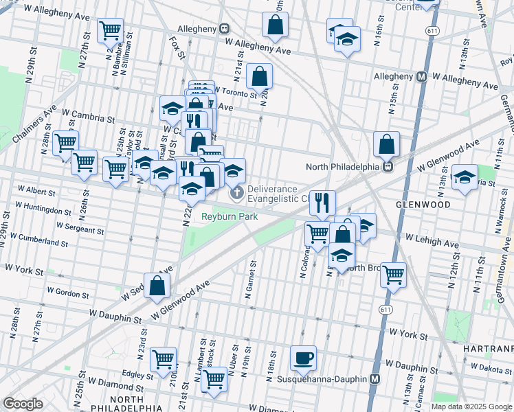 map of restaurants, bars, coffee shops, grocery stores, and more near 1925 West Lehigh Avenue in Philadelphia