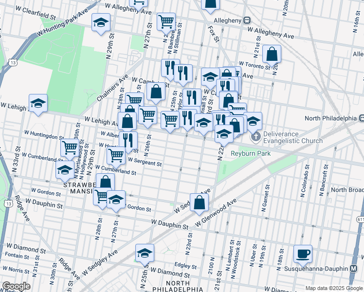 map of restaurants, bars, coffee shops, grocery stores, and more near 2404 West Oakdale Street in Philadelphia