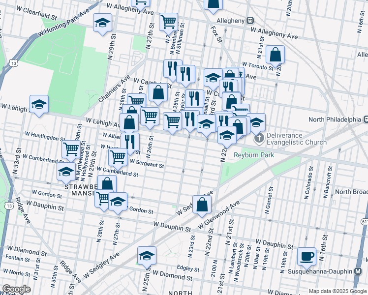 map of restaurants, bars, coffee shops, grocery stores, and more near 2406 West Oakdale Street in Philadelphia