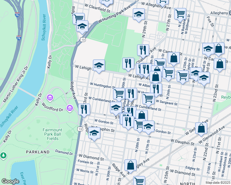 map of restaurants, bars, coffee shops, grocery stores, and more near 2549 North Stanley Street in Philadelphia