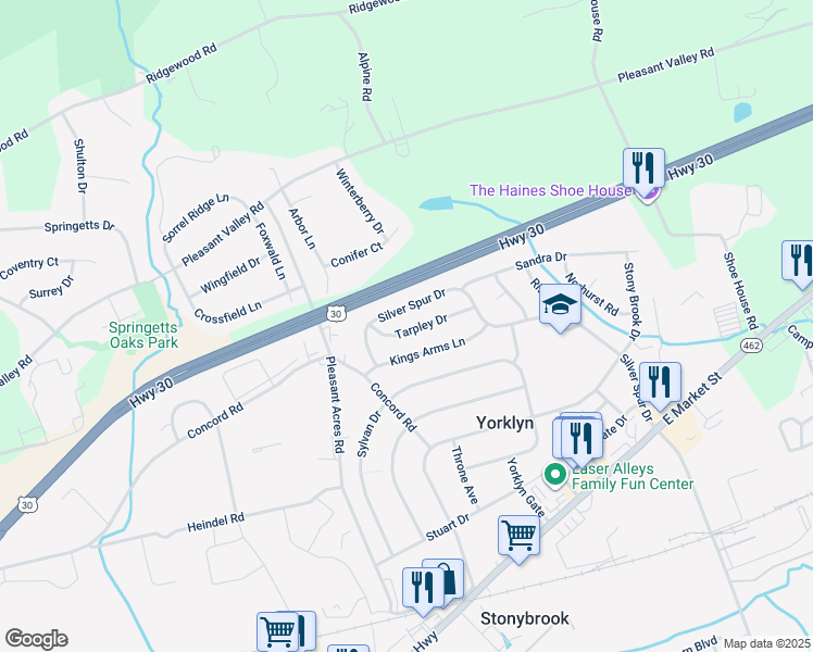 map of restaurants, bars, coffee shops, grocery stores, and more near 3835 Tarpley Drive in York