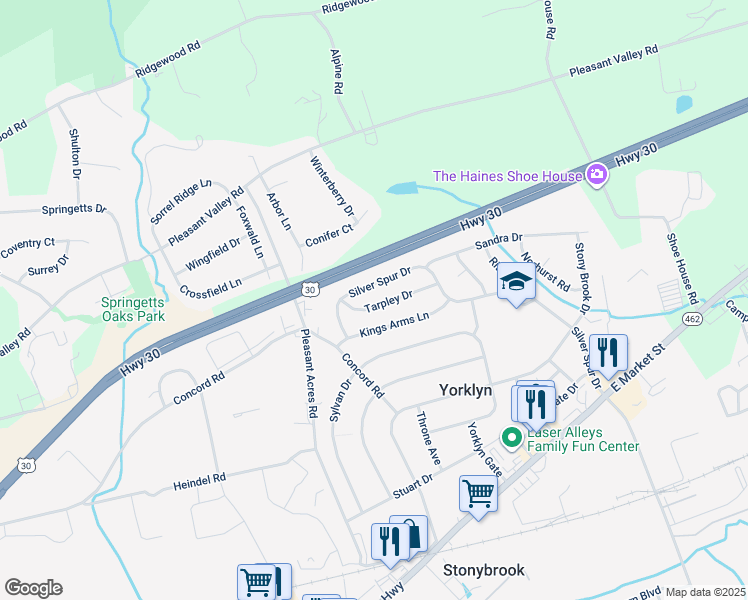 map of restaurants, bars, coffee shops, grocery stores, and more near 3835 Tarpley Drive in York
