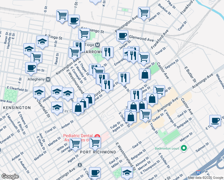 map of restaurants, bars, coffee shops, grocery stores, and more near 3430 Amber Street in Philadelphia