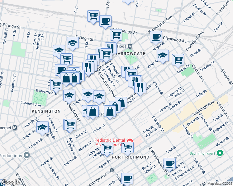 map of restaurants, bars, coffee shops, grocery stores, and more near 2018 East Cornwall Street in Philadelphia