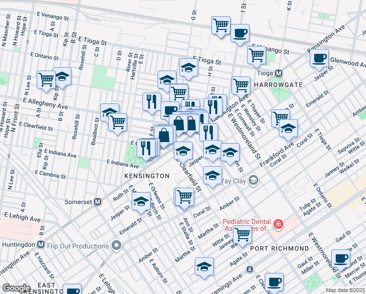 map of restaurants, bars, coffee shops, grocery stores, and more near 1810 East Clementine Street in Philadelphia