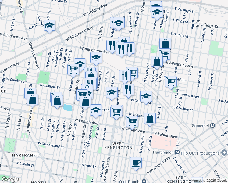 map of restaurants, bars, coffee shops, grocery stores, and more near 258 West Birch Street in Philadelphia