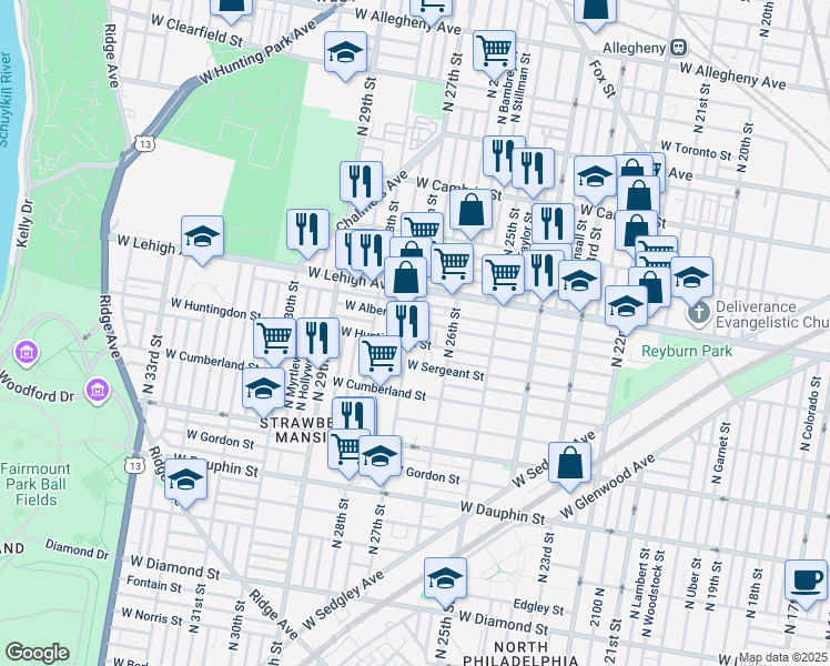 map of restaurants, bars, coffee shops, grocery stores, and more near 2611 North 27th Street in Philadelphia