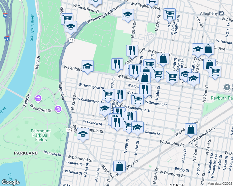 map of restaurants, bars, coffee shops, grocery stores, and more near 2557 North Myrtlewood Street in Philadelphia