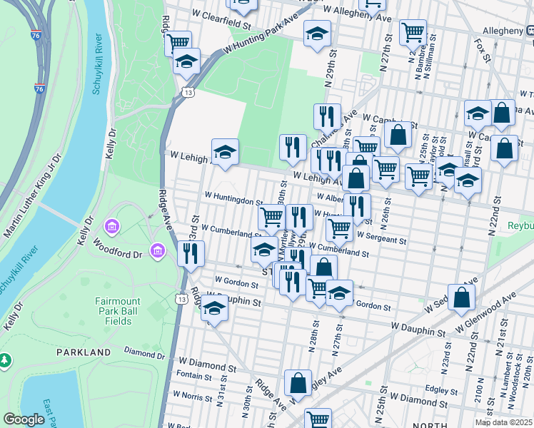 map of restaurants, bars, coffee shops, grocery stores, and more near 2550 North Corlies Street in Philadelphia
