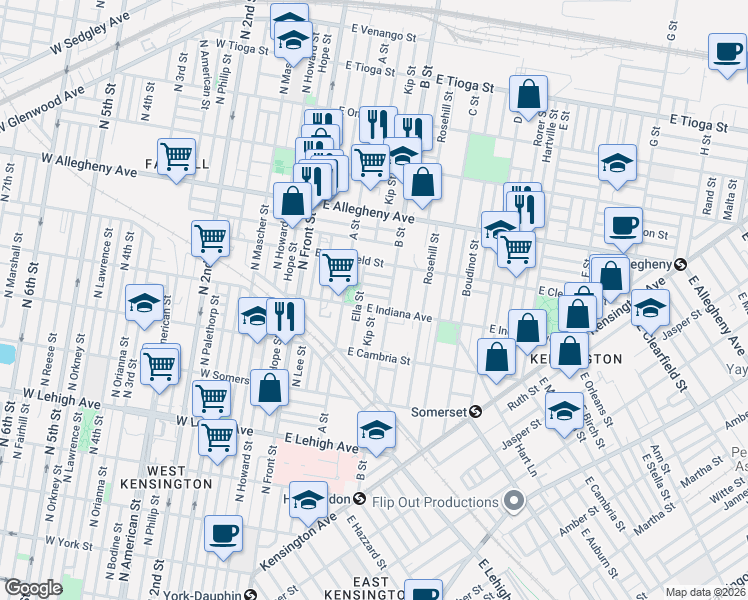 map of restaurants, bars, coffee shops, grocery stores, and more near 3034 B Street in Philadelphia