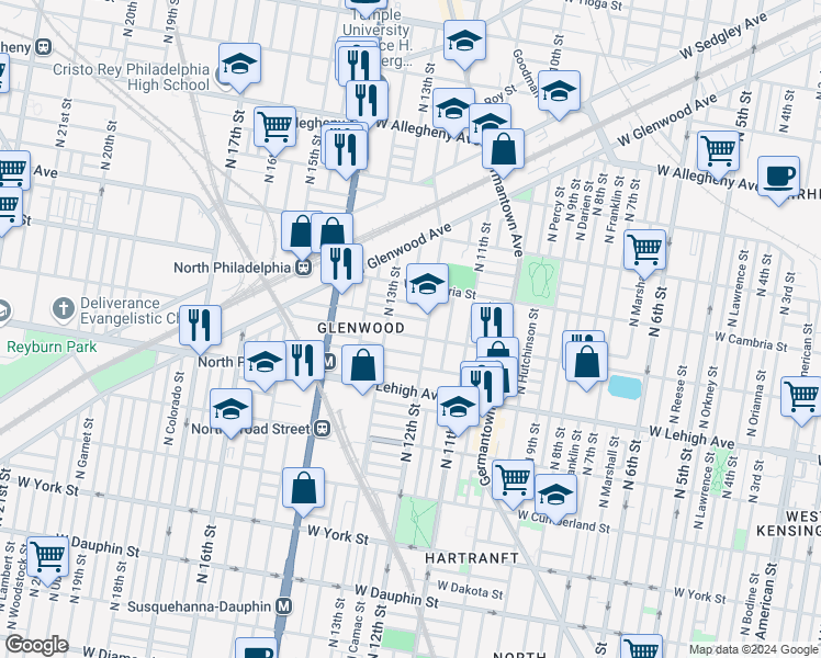 map of restaurants, bars, coffee shops, grocery stores, and more near 1221 West Somerset Street in Philadelphia