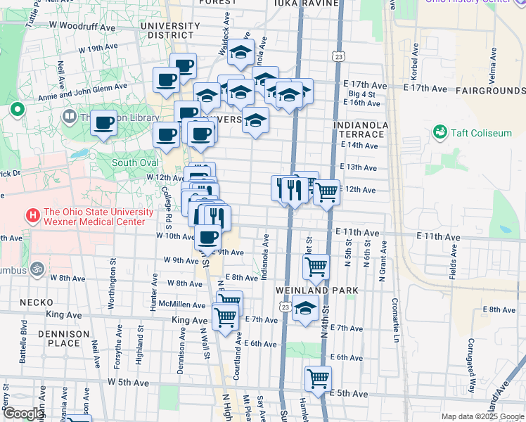 map of restaurants, bars, coffee shops, grocery stores, and more near 147 Chittenden Avenue in Columbus